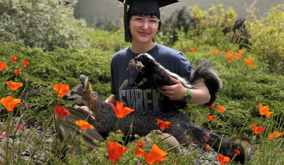 Museum student Ghennya Shain posing with her live mounts (ca. 2022).